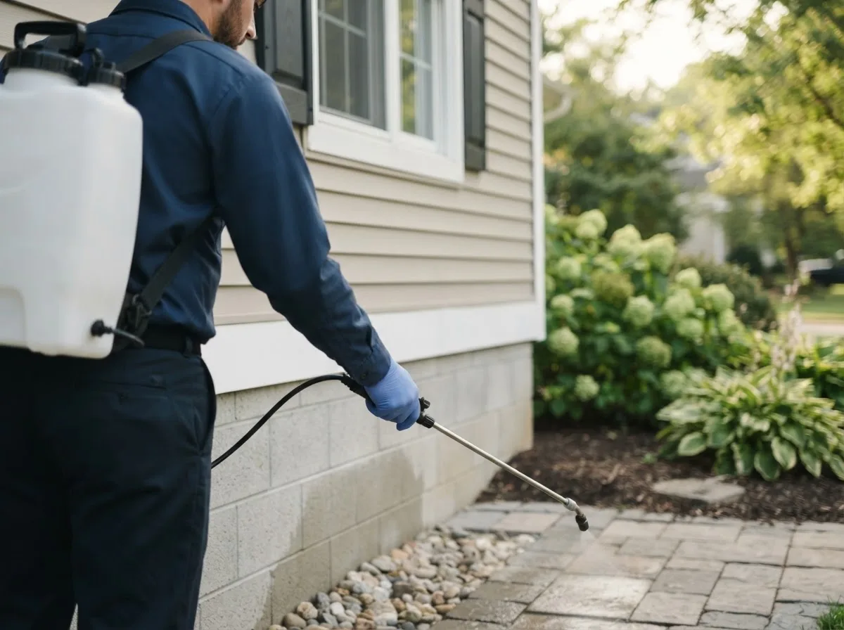 Pest control technician inspecting a home in Cleves, OH